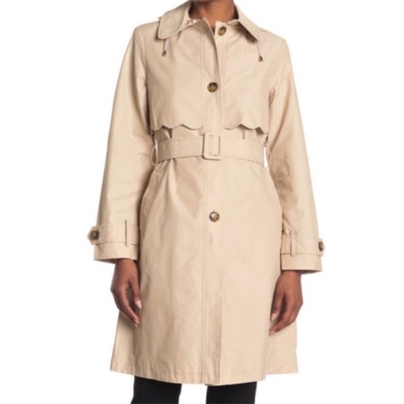 KATE SPADE New York Scallop Hooded Trench Raincoat with Belt, Oxford Tan, Medium - Picture 1 of 6